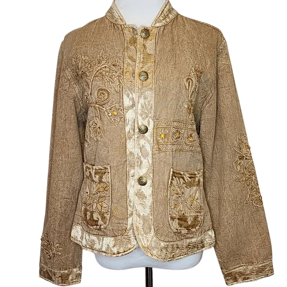 FLASHBACK Jacket Brown/Gold Embroidery Rhinestones Buttons Pockets Size Large